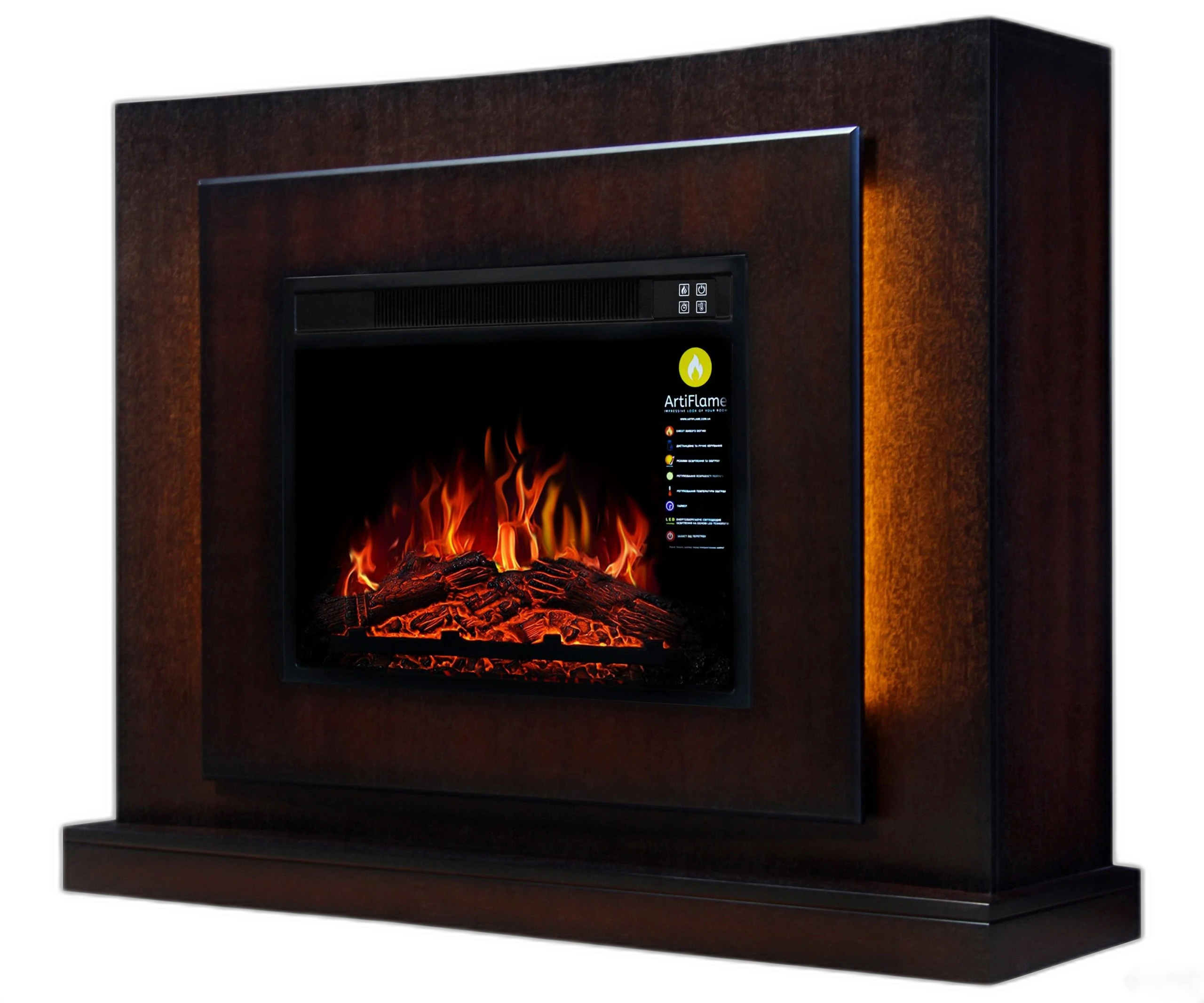 Камінокомплект із світлодіодним підсвічуванням ArtiFlame LUCCA AF23S МАХАГОН КОРИЧНЕВИЙ АНТИК (зі звуком)