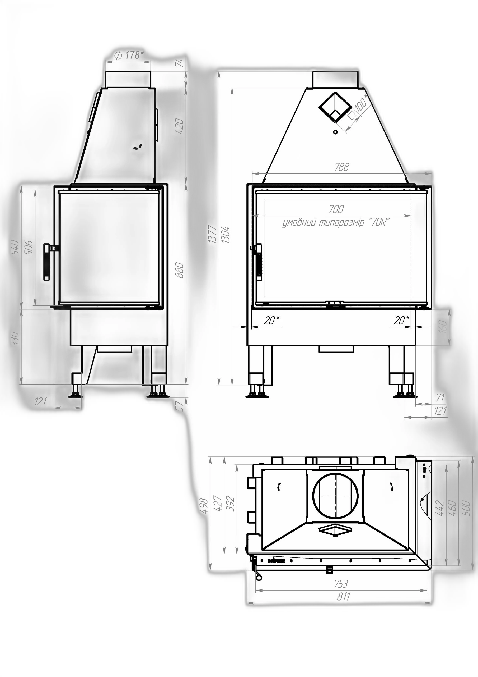 Камінна топка M-FIRE 70 кутова права (15kW)