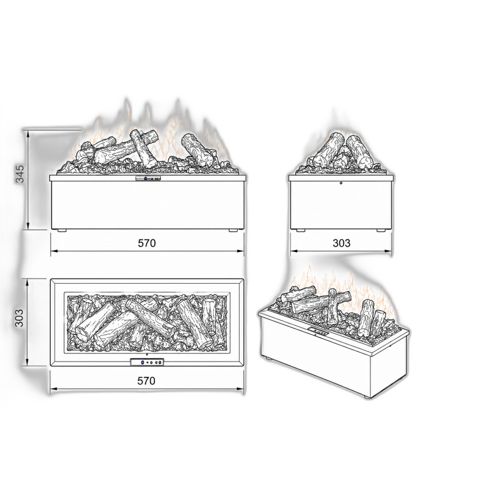 Електрокамін паровий Royal 3D Inferno LED зі справжнім 3D ефектом полумʼя, дровами та звуком, розмір 570x205(+140)x303