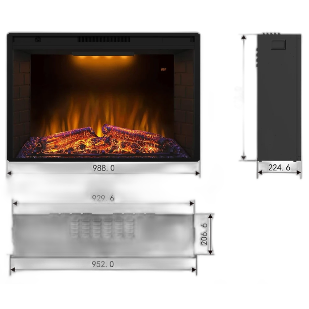 Електрокамін з обігрівом Royal Goodfire 36 LED зі звуком, дровами та цегляною кладкою, кольоровою підсвіткою та яскравістю полумʼя, розмір 989x664x225 (EF36S)