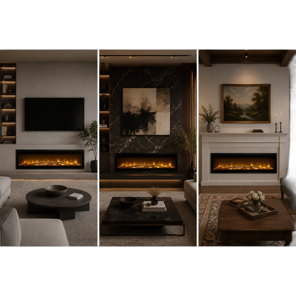Електрокамін з обігрівом Dimplex Ignite Evolve 50 Oak Logs (EVO1200OakLogs) з цільними дровами дуб, кристалами скла, кольорами полумʼя та підсвітки наповнення, керування через застосунок, розмір 1306x419x152