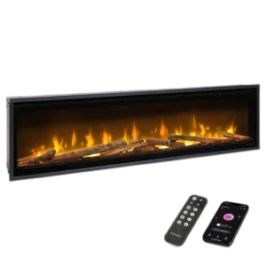 Електрокамін з обігрівом Dimplex Ignite Evolve 60 Oak Logs (EVO1500OakLogs) з цільними дровами дуб, кристалами скла, кольорами полумʼя та підсвітки наповнення, керування через застосунок, розмір 1560x419x152