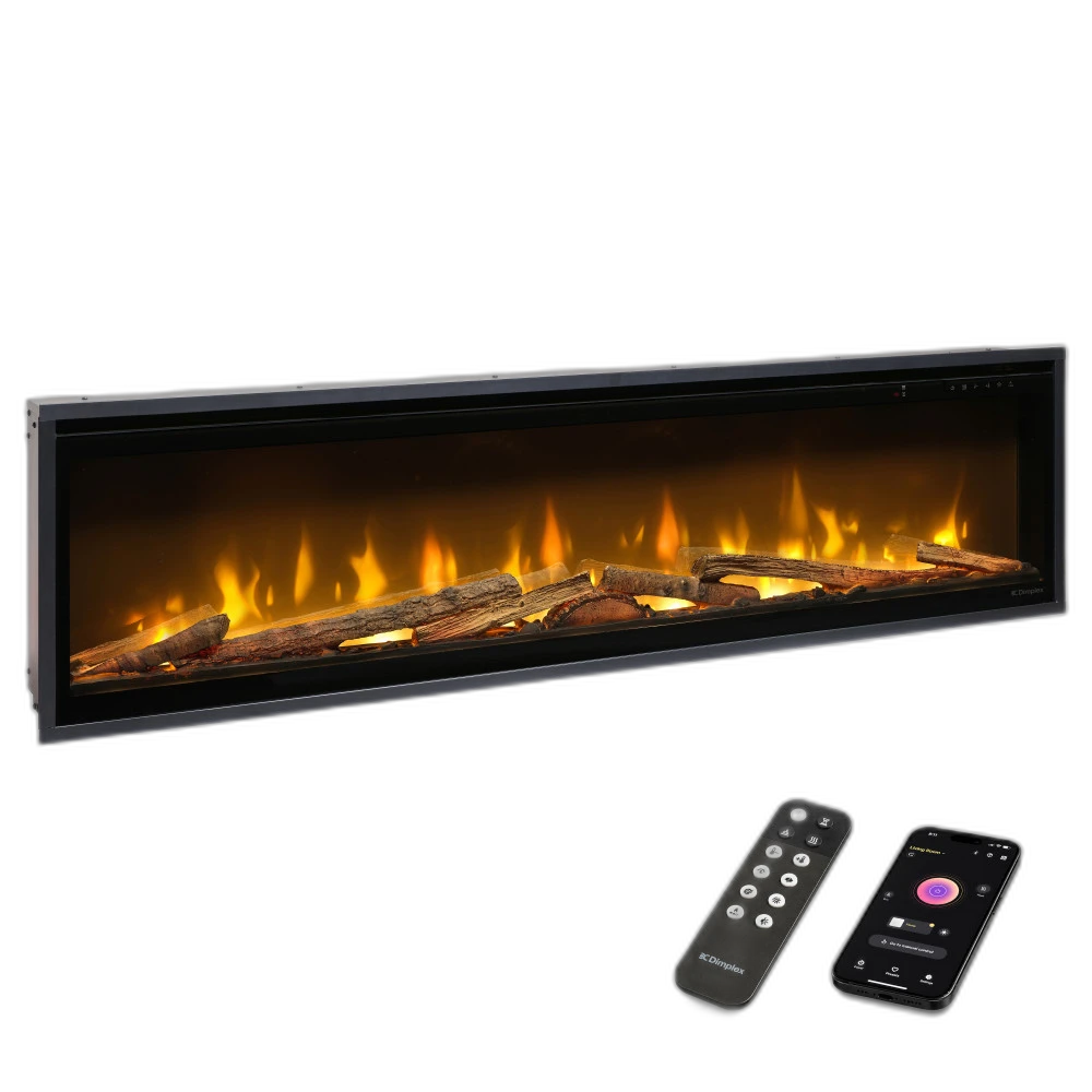 Електрокамін з обігрівом Dimplex Ignite Evolve 60 Oak Logs (EVO1500OakLogs) з цільними дровами дуб, кристалами скла, кольорами полумʼя та підсвітки наповнення, керування через застосунок, розмір 1560x419x152