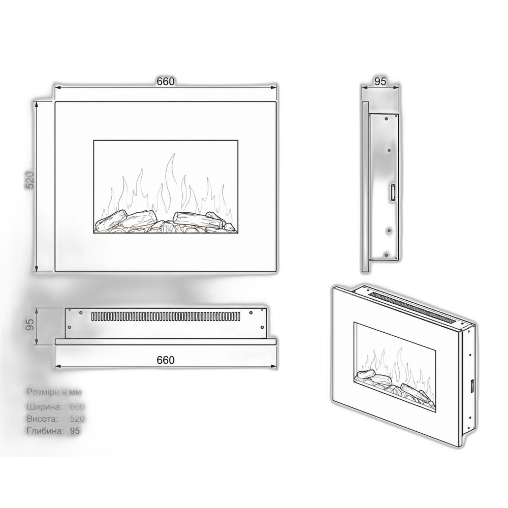 Електрокамін настінний Electrolux EFP/W-1100ULS з обігрівом, прямим склом, реалістичним ефектом полумʼя, зі звуком, дровами та білим камінням, розмір 660x520x95