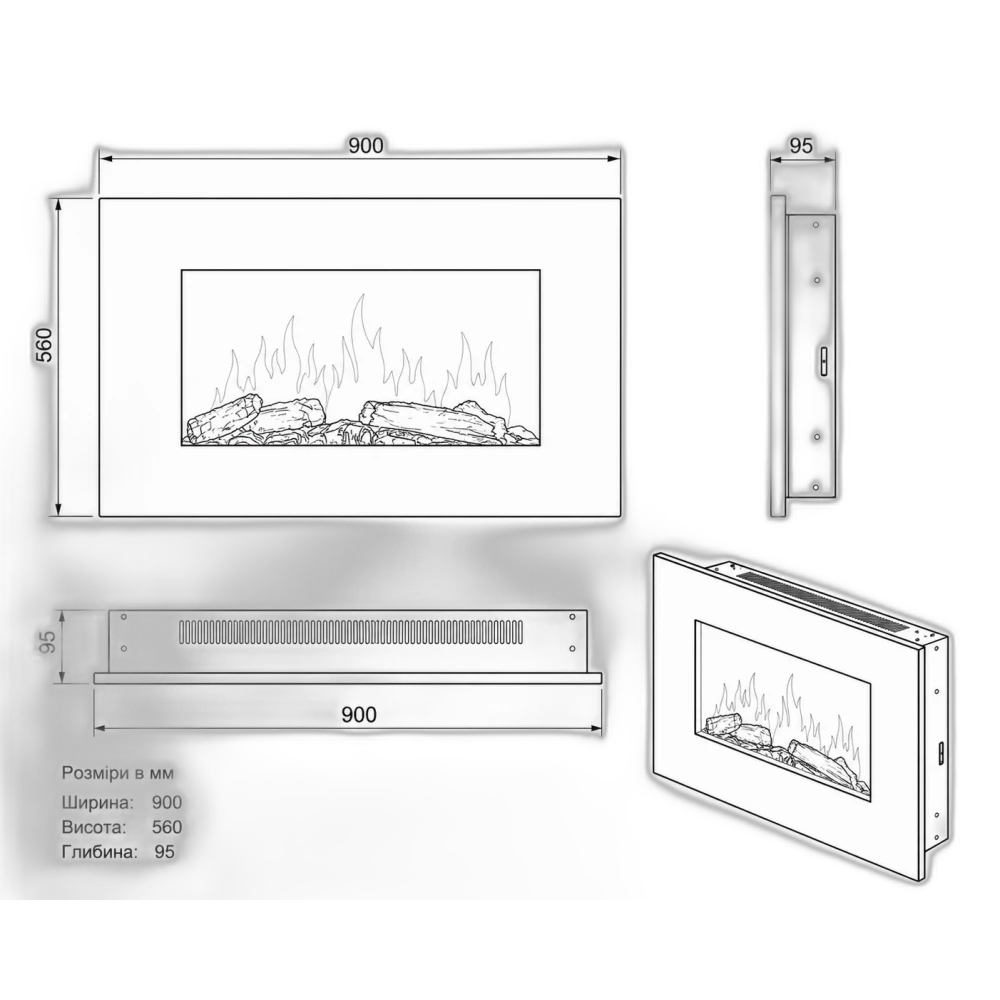 Електрокамін настінний Electrolux EFP/W-1150URLS з обігрівом, напівкруглим склом, реалістичним ефектом полумʼя, зі звуком, дровами та білим камінням, розмір 650x520x114