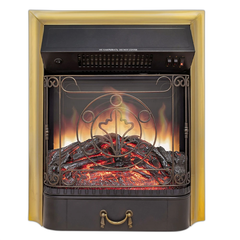 Електрокамін з обігрівом Royal Flame Majestic FX M Brass зі звуком, дровами, декоративною решіткою, дзеркальною задньою стінкою, розмір 500x610x230
