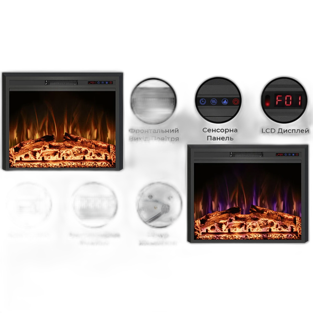 Електрокамін з обігрівом Royal Goodfire Lite 33 (EF33B) з дровами, кольорове полумʼя, розмір 902x698x165
