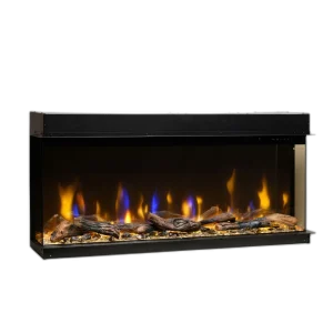 Електрокамін тристоронній Dimplex Ignite Bold 50 (BXLF50) з обігрівом, дровами, кристалами скла, кольорами полумʼя та підсвіткою наповнення, WiFi керування, розмір 1246x607x289