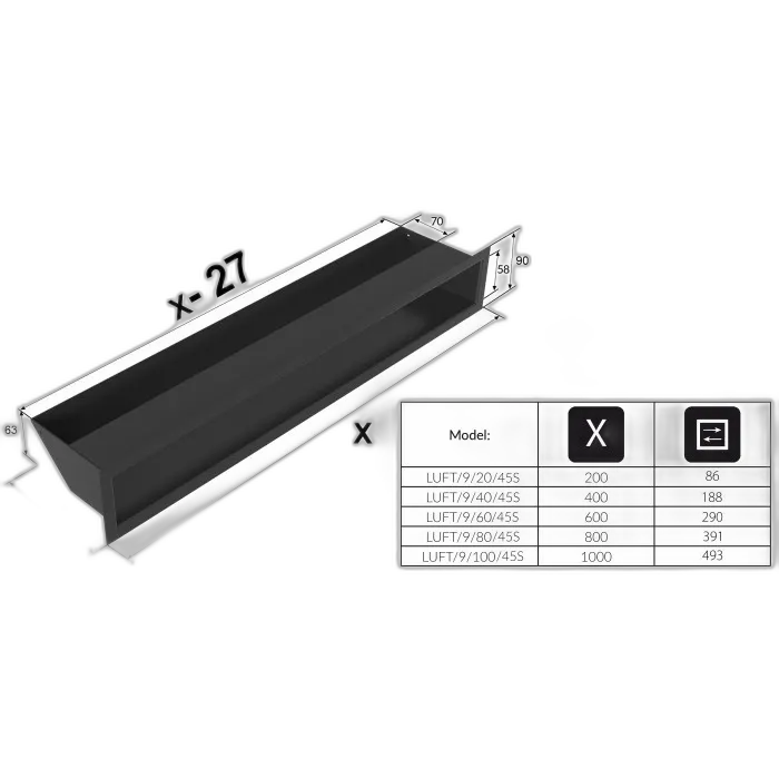 Камінна решітка LUFT чорна 9x60 Kratki