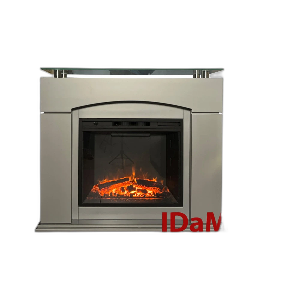 Камінокомплект IDaMebel Laguna сірий зі скляною панелю (1245x1065x370) з каміном Royal Goodfire 28 з обігрівом та звуком, яскравістю полумʼя та кольоровою підсвіткою дров