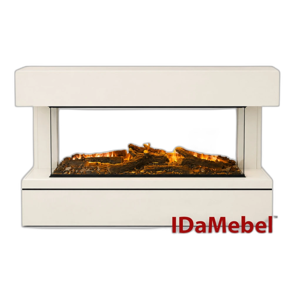 Камінокомплект IDaMebel Sophia білий устричний колір, розмір 1520x905x390 з тристороннім каміном British Fires New Forest 1200 з реалістичними дровами, золою, кристалами та підсвітками