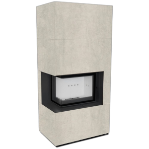 Камін Kratki FLOKI BOX лівий 8 kW Ø 160 в обудові з керамограніту NATURALI PIETRA DI SAVOIA PERLA BOCCIARDATA