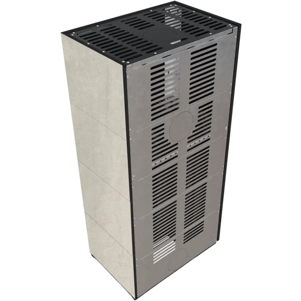 Камін Kratki FLOKI BOX лівий 8 kW Ø 160 в обудові з керамограніту NATURALI PIETRA DI SAVOIA PERLA BOCCIARDATA