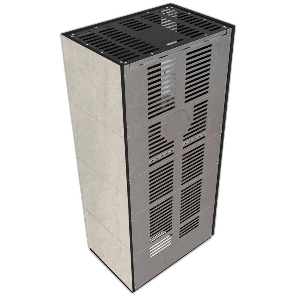 Камін Kratki FLOKI BOX лівий 8 kW Ø 160 в обудові з керамограніту NATURALI PIETRA DI SAVOIA PERLA BOCCIARDATA