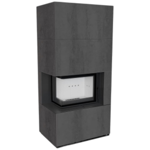 Камін Kratki FLOKI BOX лівий 8 kW Ø 160 в обудові з керамограніту NATURALI PIETRA DI SAVOIA ANTRANCITE BOCCIARDATA