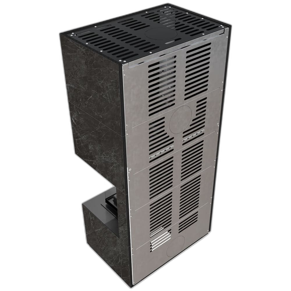Камін Kratki FLOKI BOX правий 8 kW Ø 160 в обудові з керамограніту NATURALI NERO GRECO