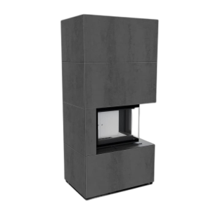Камін Kratki FLOKI BOX правий 8 kW Ø 160 в обудові з керамограніту NATURALI PIETRA DI SAVOIA ANTRANCITE BOCCIARDATA